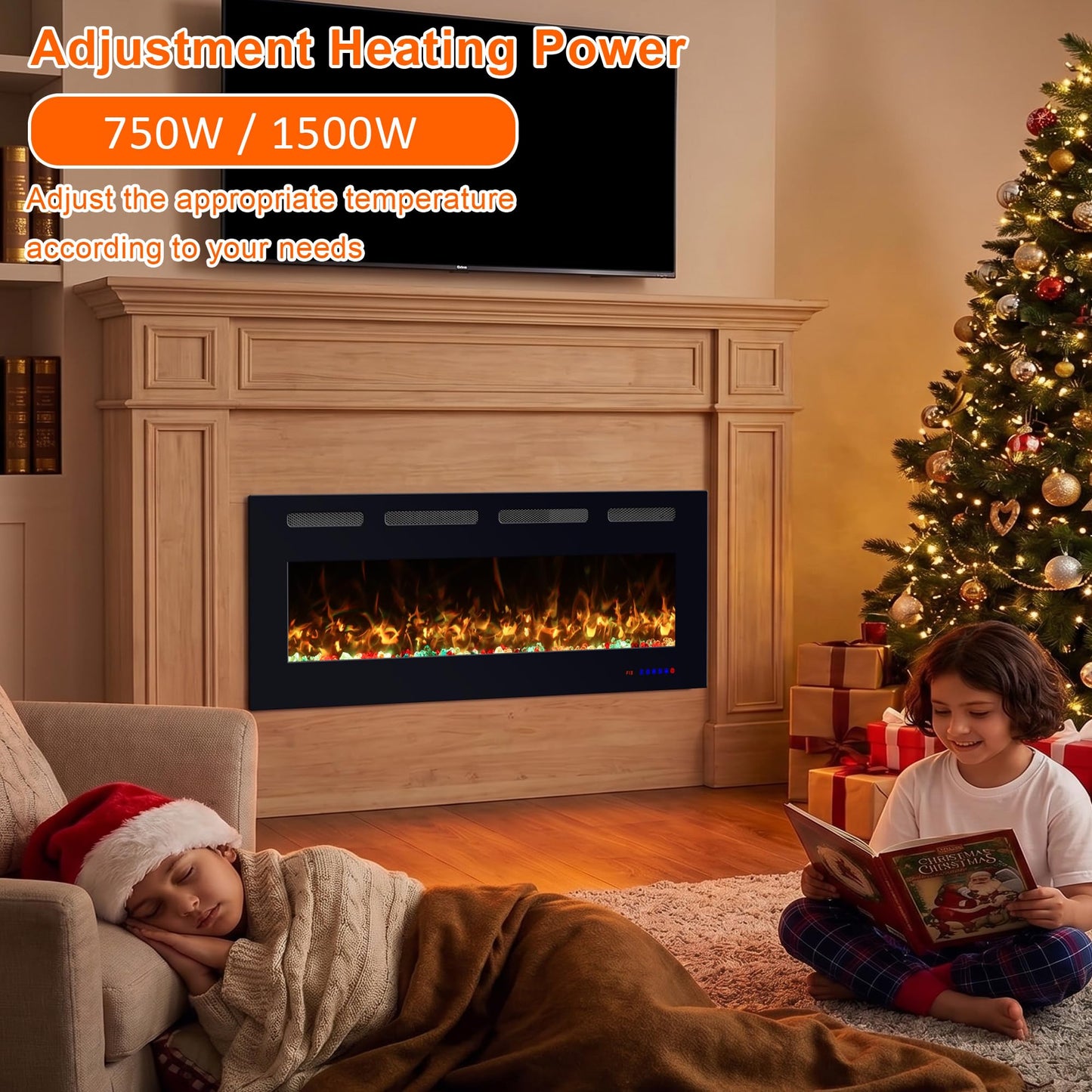 VILLABROT 42 Inch Ultra Thin Electric Fireplace Heater, Recessed & Wall Mounted Electric Fireplace Insert with Thermostat, 13 Flame Colors, Remote Control, 750/1500W for Living Room Bedroom