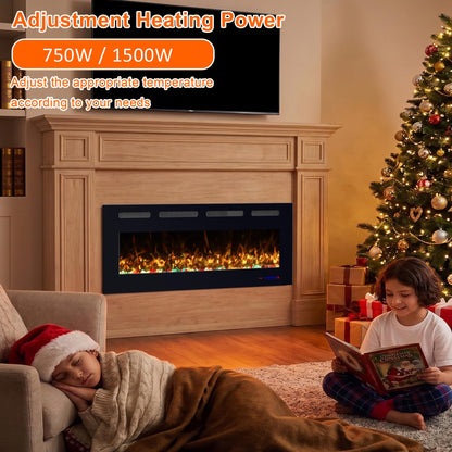 VILLABROT 42 Inch Ultra Thin Electric Fireplace Heater, Recessed & Wall Mounted Electric Fireplace Insert with Thermostat, 13 Flame Colors, Remote Control, 750/1500W for Living Room Bedroom