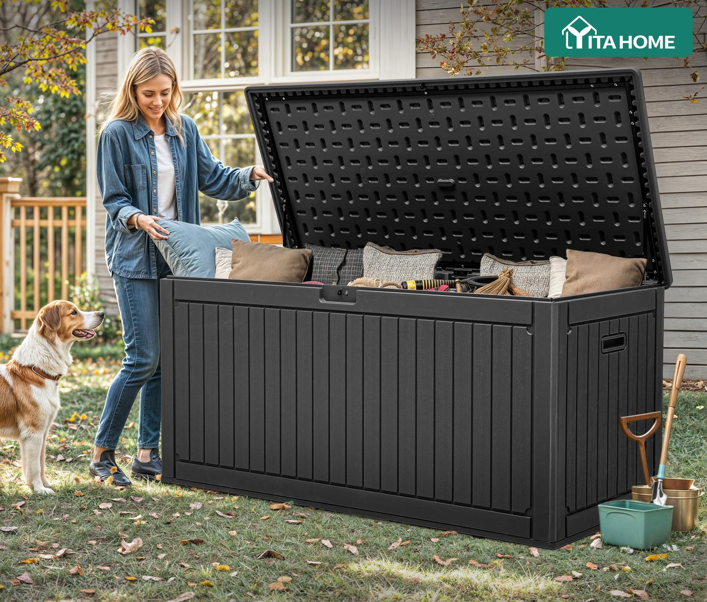 YITAHOME 320 Gallon Extra Large Deck Box, Double-Wall Resin Outdoor Storage Box with Flexible Divider for Patio Cushions Pool Supplies Garden Tools, 1000lbs Load Capacity, Lockable&Waterproof (Black)