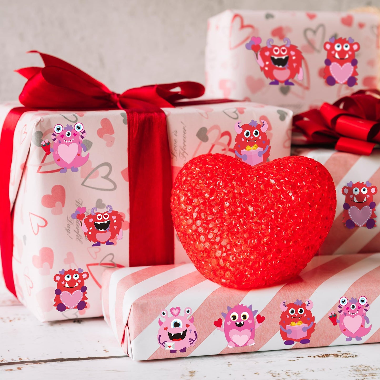 ANGOLIO 300Pcs Valentine's Day Monster Make a Face Stickers Roll Make Your Own Valentine Monster Stickers Label Waterproof Vinyl Decals for Greeting Cards Party Decor Candies Bags Gift