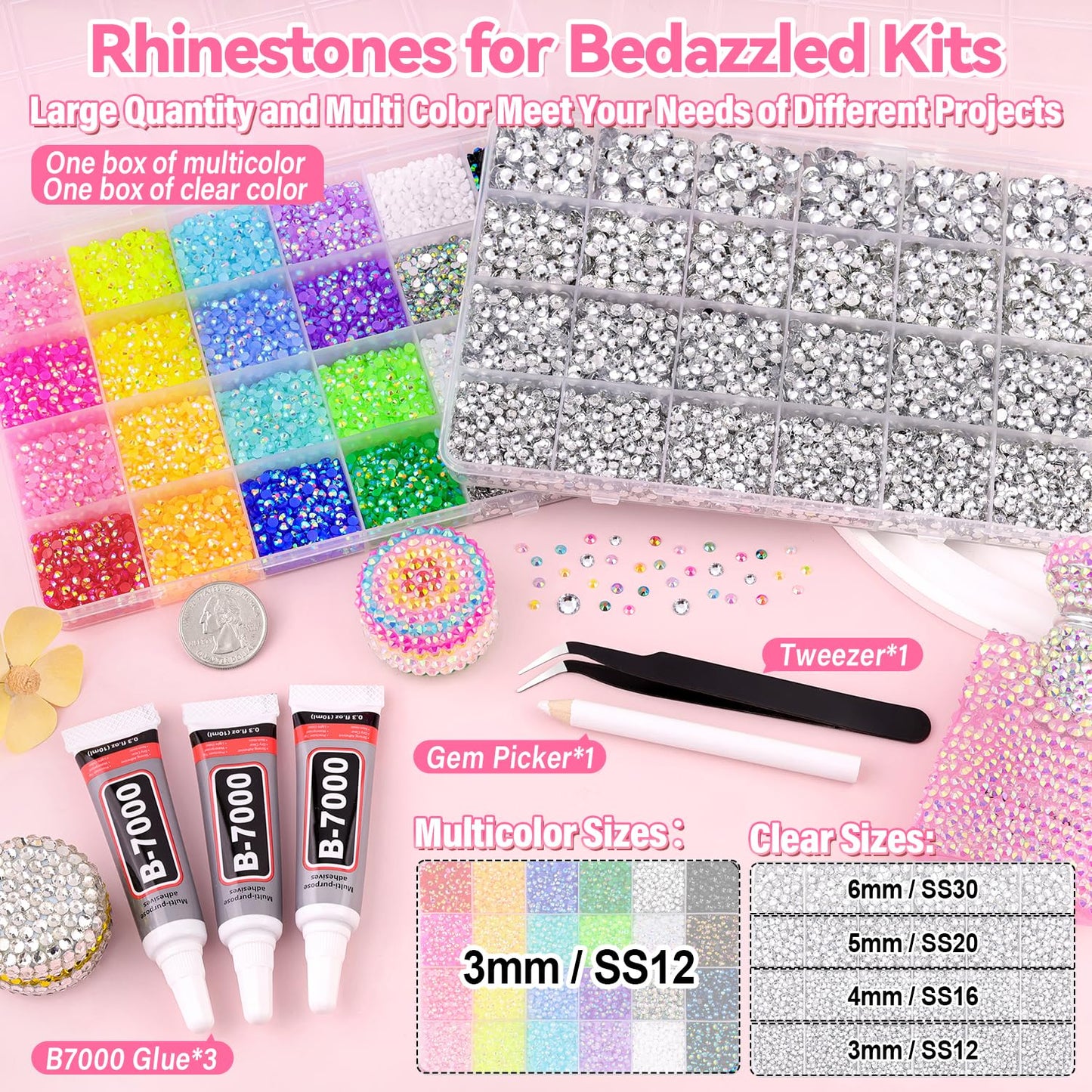 40000Pcs Resin Rhinestones for Bedazzling Kit, 2 Boxes Multicolor 3mm & Clear 3/4/5/6mm Bedazzled Crystal, Flatback Gems with 3Pcs 10ml B7000 Jewelry Glue for DIY Crafts Clothing Nail Art Makeup