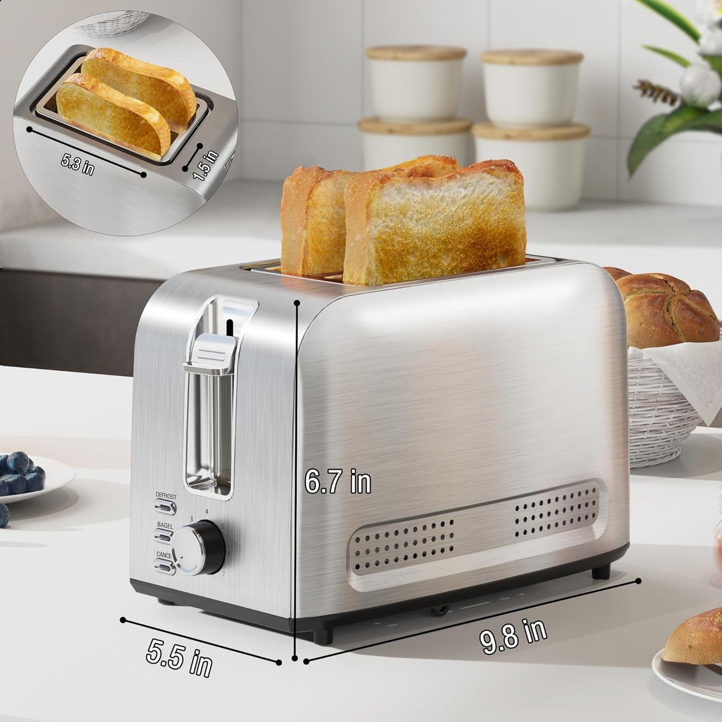 Runnatal 2 Slice Toaster, 100% Stainless Steel, Multifunctional with 7 Toast Settings, Defrost, Bagel, Cancel Functions