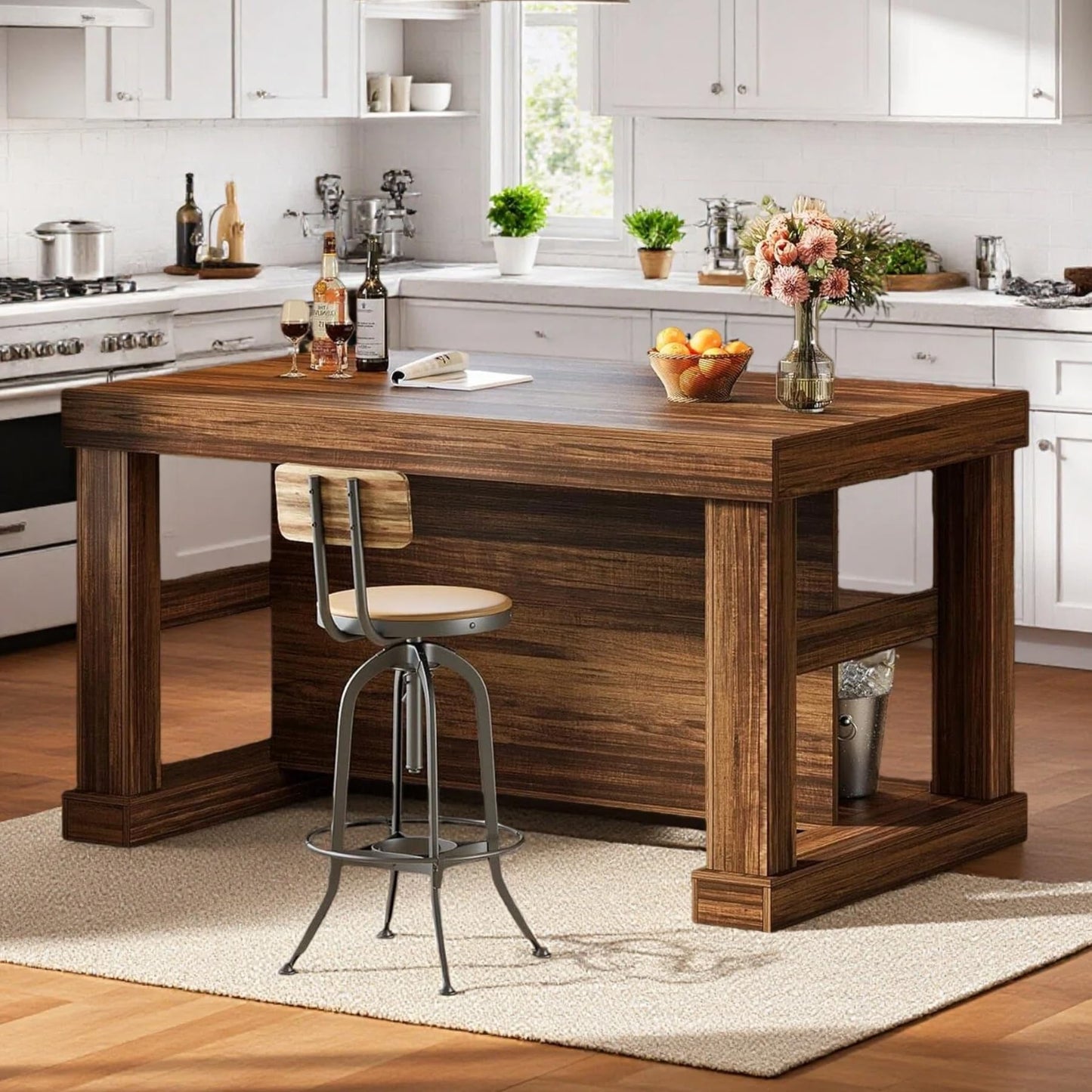 Tribesigns Kitchen Island with Storage, 55-Inch Farmhouse Stationary Island Table with Large Countertop, 3-Tier Wooden Center Bar Table for Kitchen, Dining Room, Dark Brown