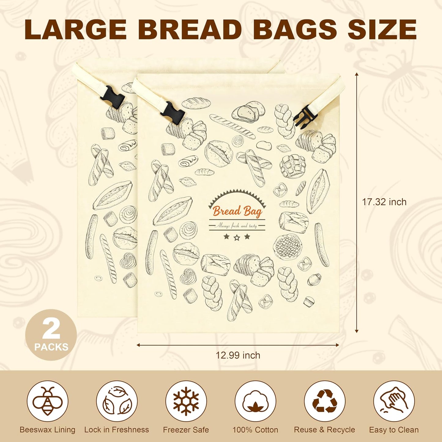 2 Packs BuyCard Bread Bag Reusable Beeswax Food Storage Bag, Natural Cotton with Bread Pattern Design, Zipper Reusable