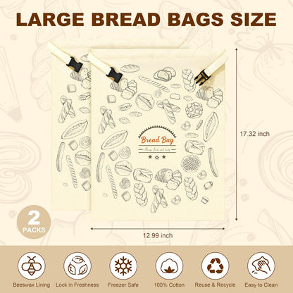 2 Packs BuyCard Bread Bag Reusable Beeswax Food Storage Bag, Natural Cotton with Bread Pattern Design, Zipper Reusable