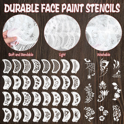 55 Pcs Face Paint Stencils, Reusable Face Painting Stencils Washable Body Makeup Art Tattoo Templates Flowers Animals Shapes Elements with Hanging Hole for Party Holiday Halloween, White Translucent