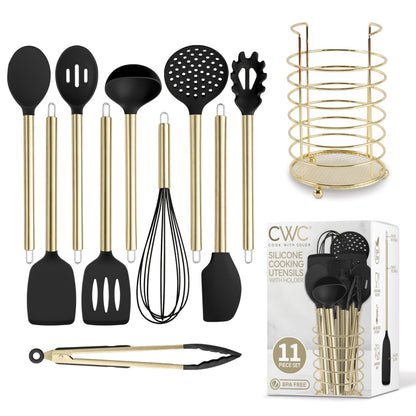 COOK WITH COLOR Silicone Cooking Utensils, Kitchen Utensil Set, Easy to Clean Silicone Kitchen Utensils, Cooking Utensils for Nonstick Cookware, Kitchen Gadgets Set with Holder, 10 Pieces