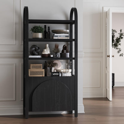 Nathan James Iris 3 Tier Bookshelf, Arched Bookcase Cabinet, Solid Wood Bookcase with Cabinet Base, Boho Bookshelf in Midnight Charcoal Finish