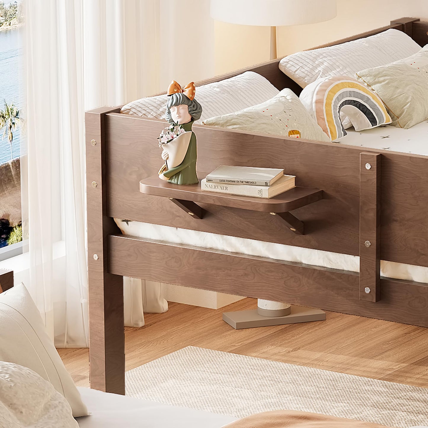 KEIKI Queen Over Queen Size Wooden Bunk Bed Frame with Convenient Tray & Built-in Storage Shelves, Detachable Bunk Bed with Solid Slats, No Box Spring Required, Easy Assembly, for Bedroom, Brown