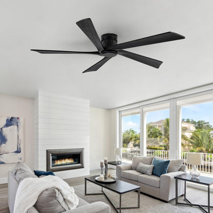 Vernal Life 64 Inch Modern Flush Mount Ceiling Fans no Light for Living Room, 5 Reversible Wood Blades, 6-Speeds, 110V Noiseless DC Motor (Black Finish with Black Blades)