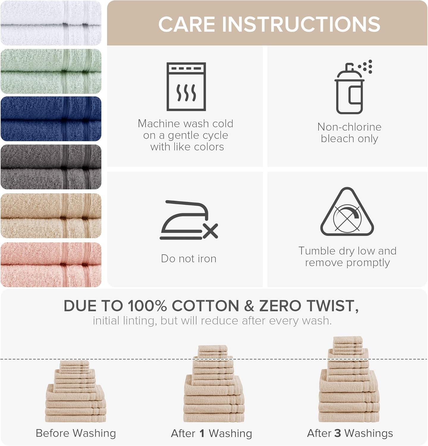 12-Piece Set 4 4 4 100% Comfort Spaces Luxury Bath Towel - Large, Hand, Washcloth, Cotton, Quick Dry, Zero Twist, Soft