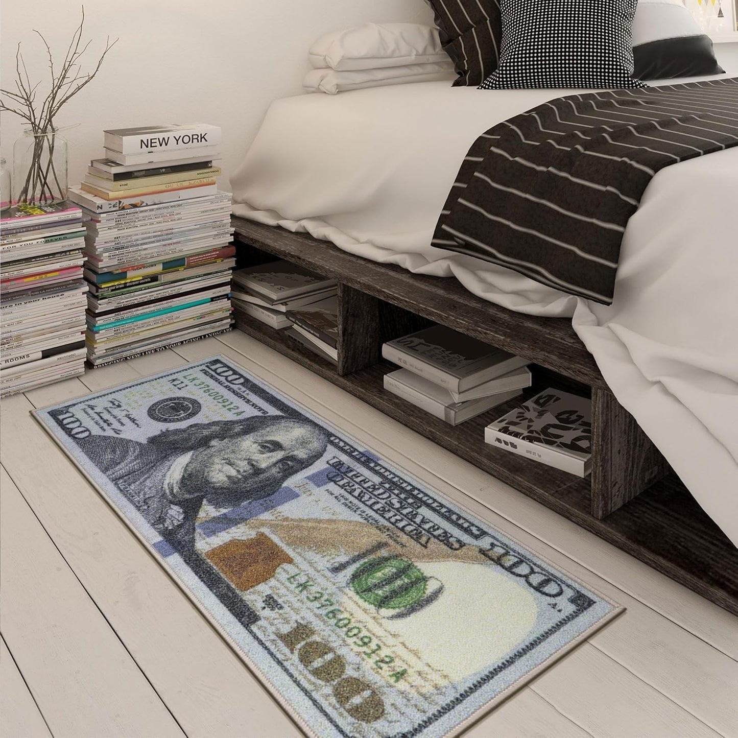 Ottomanson $100 Bill Money Rug, 22" x 53", Durable Non-Slip Area Rug for Bedroom, Office, Game Room