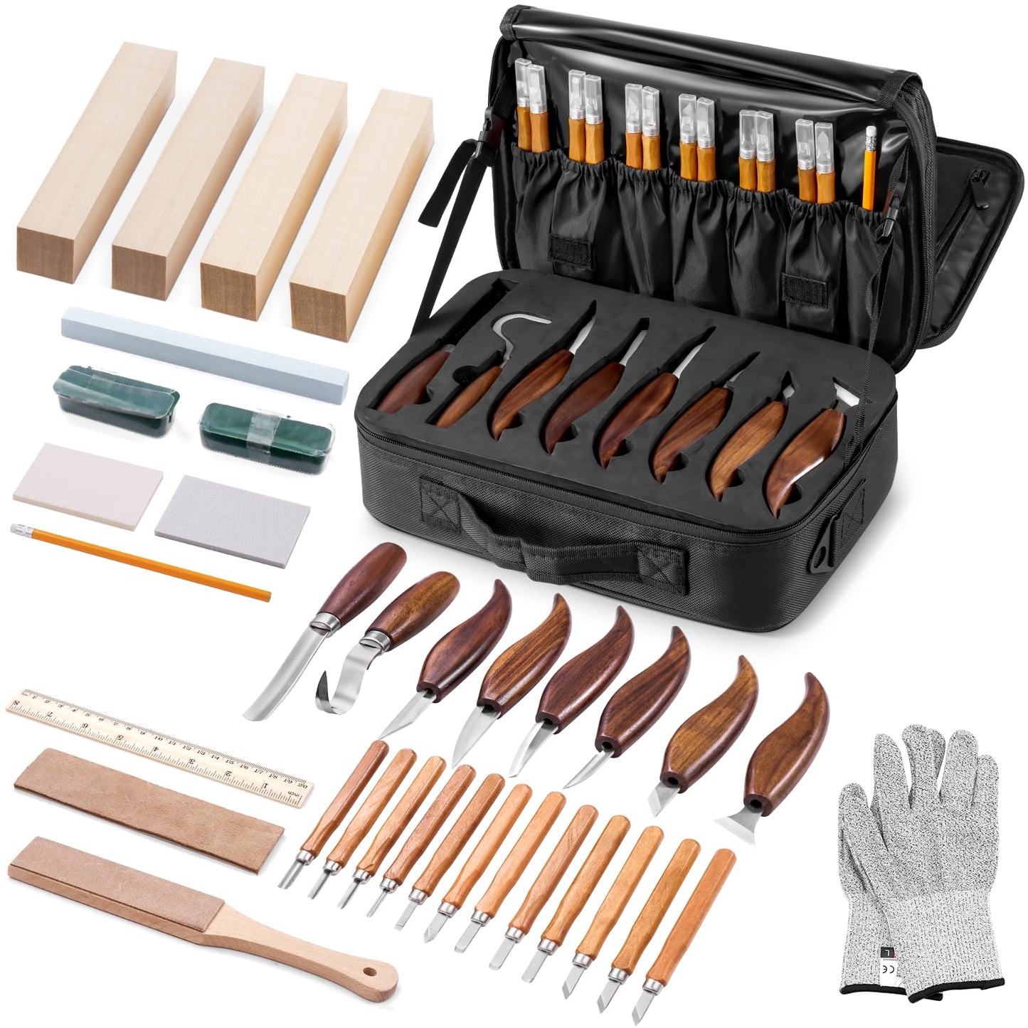 Wood Carving Kit Deluxe, 35-in-1 Whittling Kit for Beginners, With 8PCS Whittling Knives & 12PCS Detail Wood Carving Knives, Black Walnut Wood Handle, Wood Carving Kit for Beginners and Enthusiasts