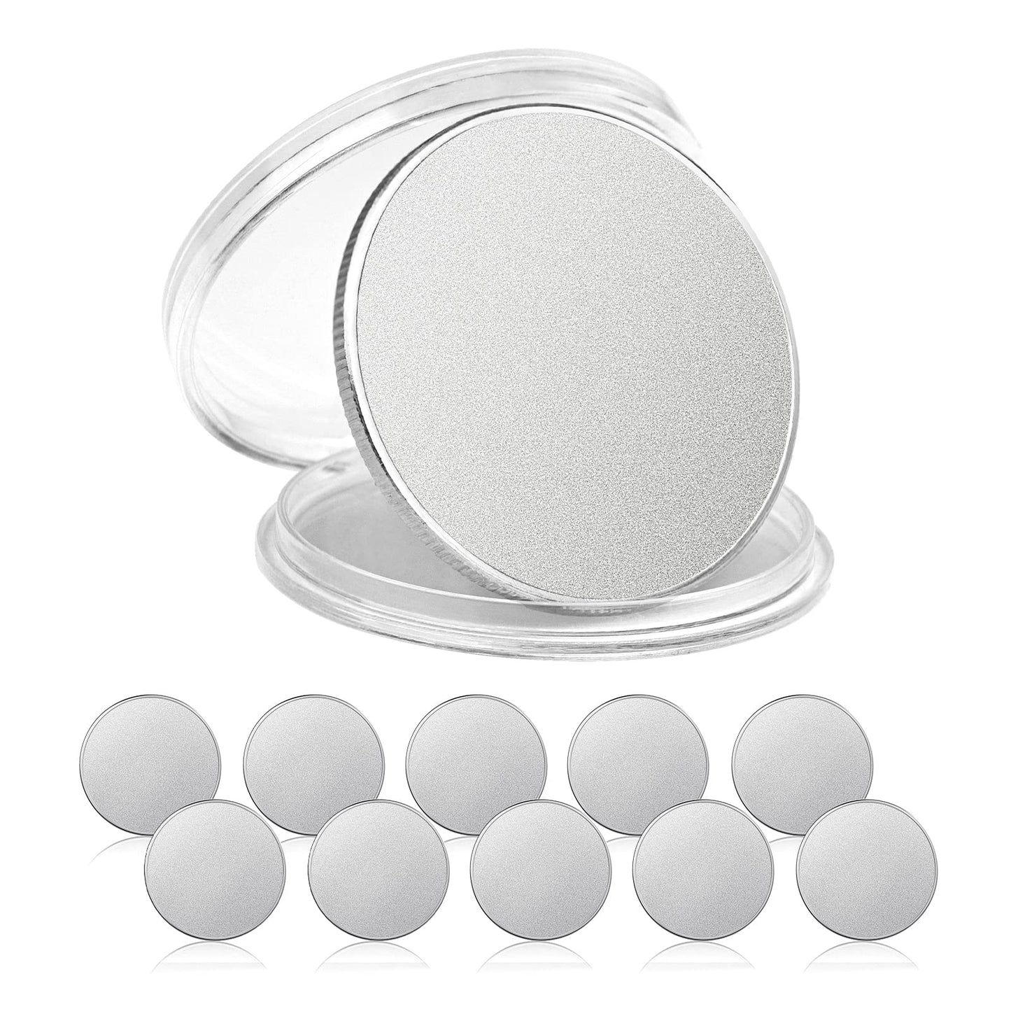 10 Pcs Blank Challenge Coin, Engraving Blanks Coins, Solid Brass, Zinc Alloy Silver Plated 40mm Diameter with Acrylic Protection Box Pattern for DIY Crafts Engraving