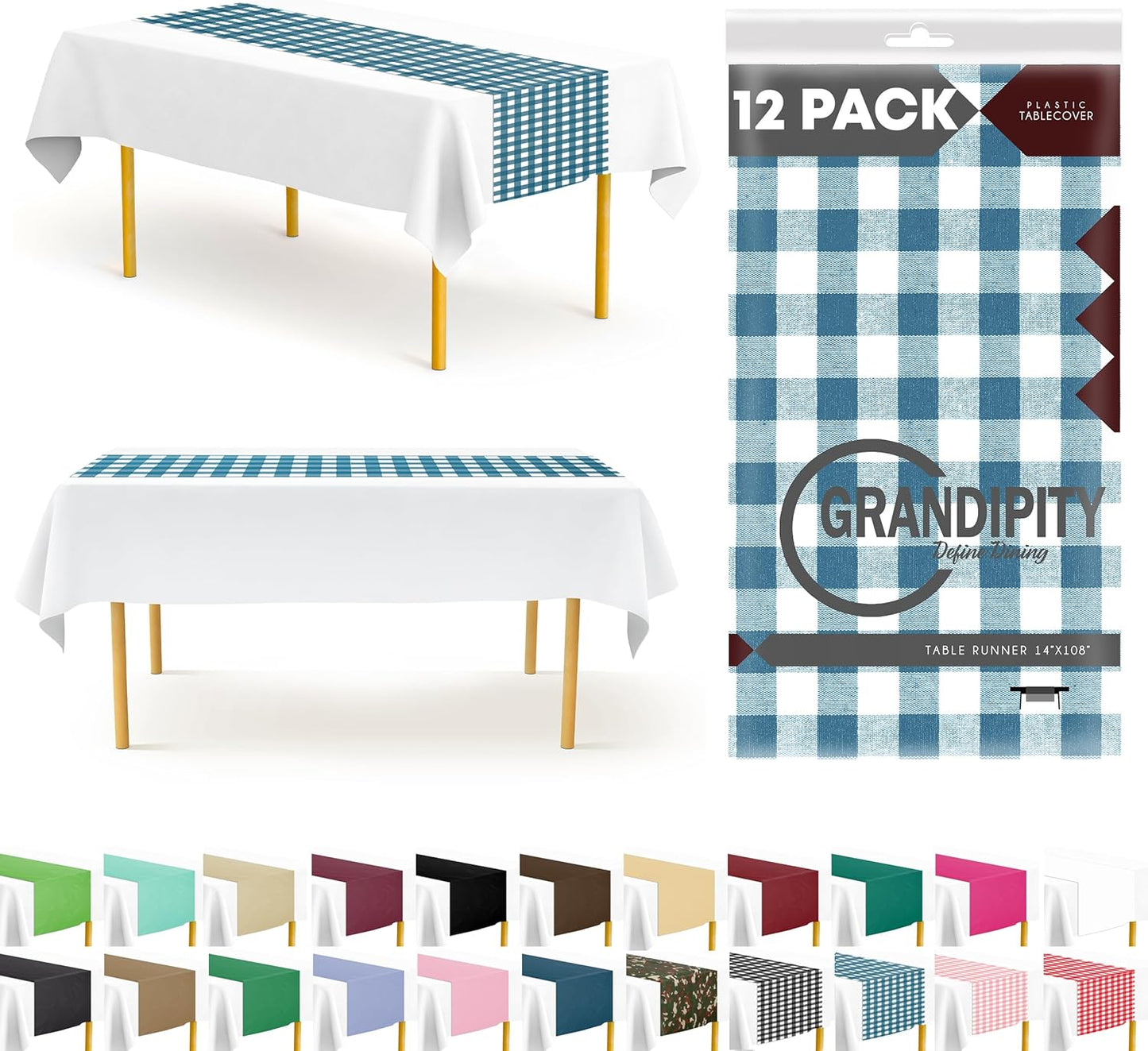 12 Pack 14 108 Inch. Blue Gingham Checkered Premium Disposable Plastic Table Runner x Table Runner for Dinner Parties