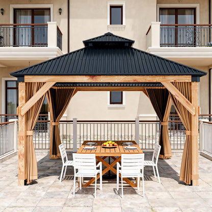 10x12 FT Hardtop Wooden Gazebo with Galvanized Steel Double Roof, Aluminum Frame, Mosquito Netting & Curtains – Durable Outdoor Pavilion for Patio, Backyard, Deck & Lawn