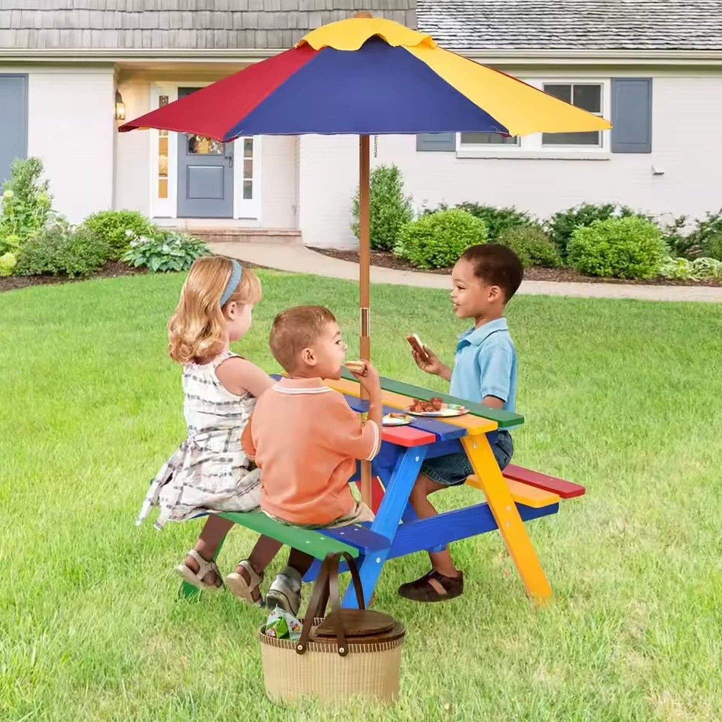 RUYICZB Kids Picnic Tables for Outdoors, Wooden Childrens Table & Bench Set with Removable Umbrella, Toddler Picnic Table Indoor Or Outdoor Activity Set for Backyard Or Patio