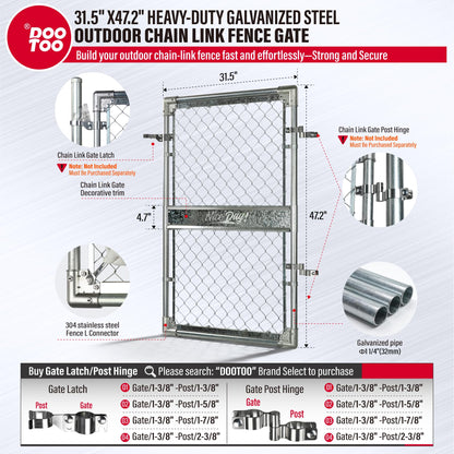 DooToo 3x4FT(31.5"W x 47.2"H) Heavy Duty Galvanized Steel Chain Link Gate, Durable Outdoor Fence Gate Easy Installation for Backyard丨Garden丨Pet Yard