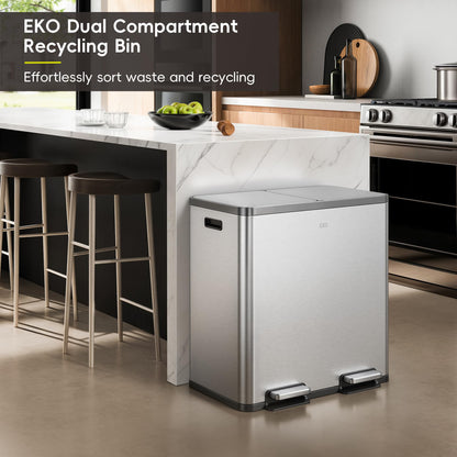 EKO EcoCasa Plus 2 x 10.6 Gal Dual Recycling Trash Can for Kitchen, Large Stainless Steel Step-On Garbage Can with Soft-Close Lids, Odor-Proof and Fingerprint-Resistant, Removable Buckets with Handles