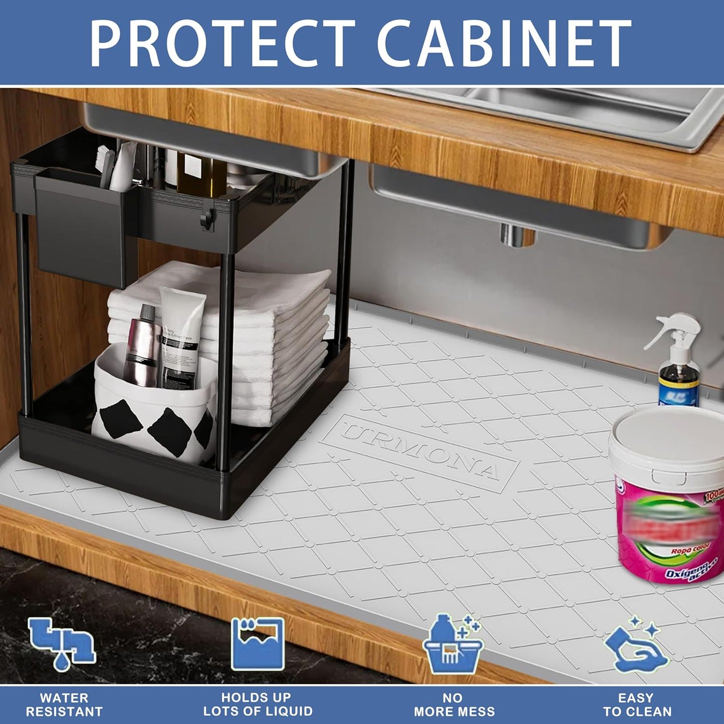 Under Sink Mat for Kitchen, 40" x 22" Silicone Waterproof Liner for Cabinet Sink Protection