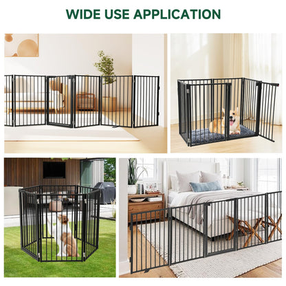 Snagle Paw Full Metal Freestanding Dog Gate with Door, 120” W x 32” H Pet Gate with Support Feet for Doorways, Stairs and Hallways, Portable Dog Fence for Indoor Use (32" 6 Panel, Black)