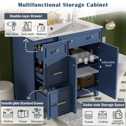 Favfurish 36" Bathroom Vanity with Ceramic Sink Combo,Free Standing Cabinet with Double-Layer Drawers and 3 Drawers,Solid Wood Bathroom Storage with Soft Close Doors,Adjustable Shelf,Modern,Blue