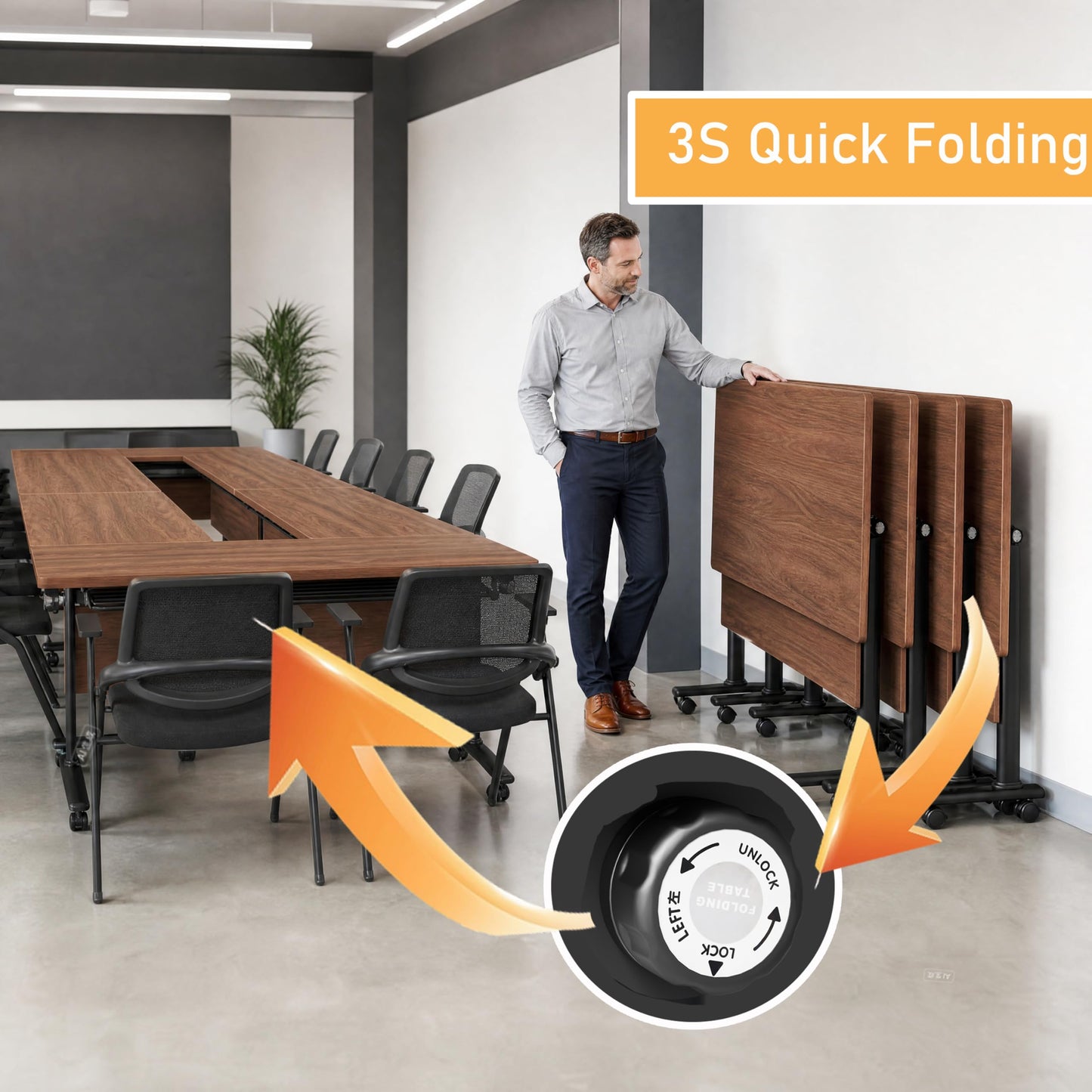 Modular Folding Conference Room Table with Wheels - 6 Pack Flip Top Mobile Training Table,Modern Meeting Tables 2-30 Person,Walnut,70.9"x21.6"x29.5"