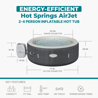 Bestway SaluSpa Hot Springs Inflatable Hot Tub, Fits Up to 2-4 Persons, Energy-Efficient Portable Spa, Outdoor Blow Up Hottub for Backyard, 120 AirJets, 71" x 26" Round