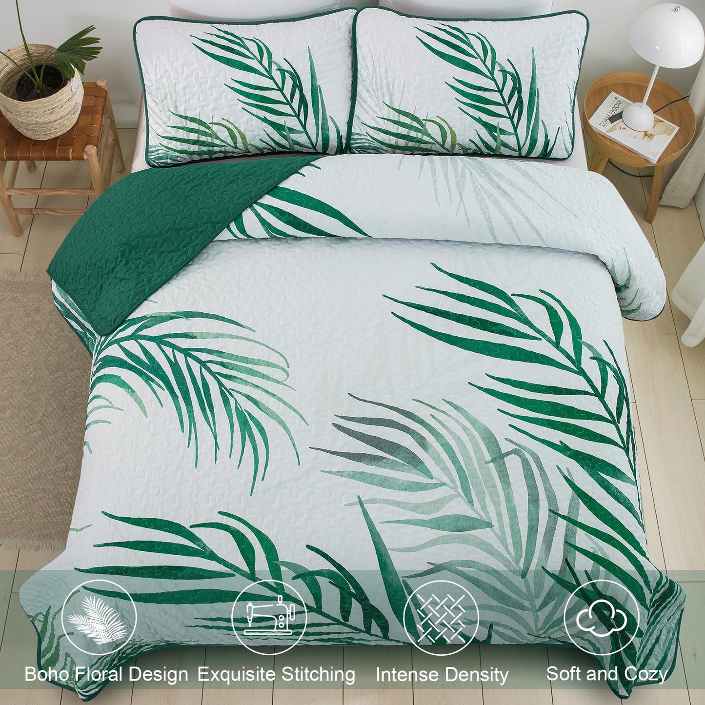 Goodidea Quilts King Size Bedding Set, Sage Green Bedspreads King Size 3 Piece Lightweight Soft Microfiber Reversible Coverlet Floral Quilt Set with Pillow Shams for All Season (King, 104"X90")