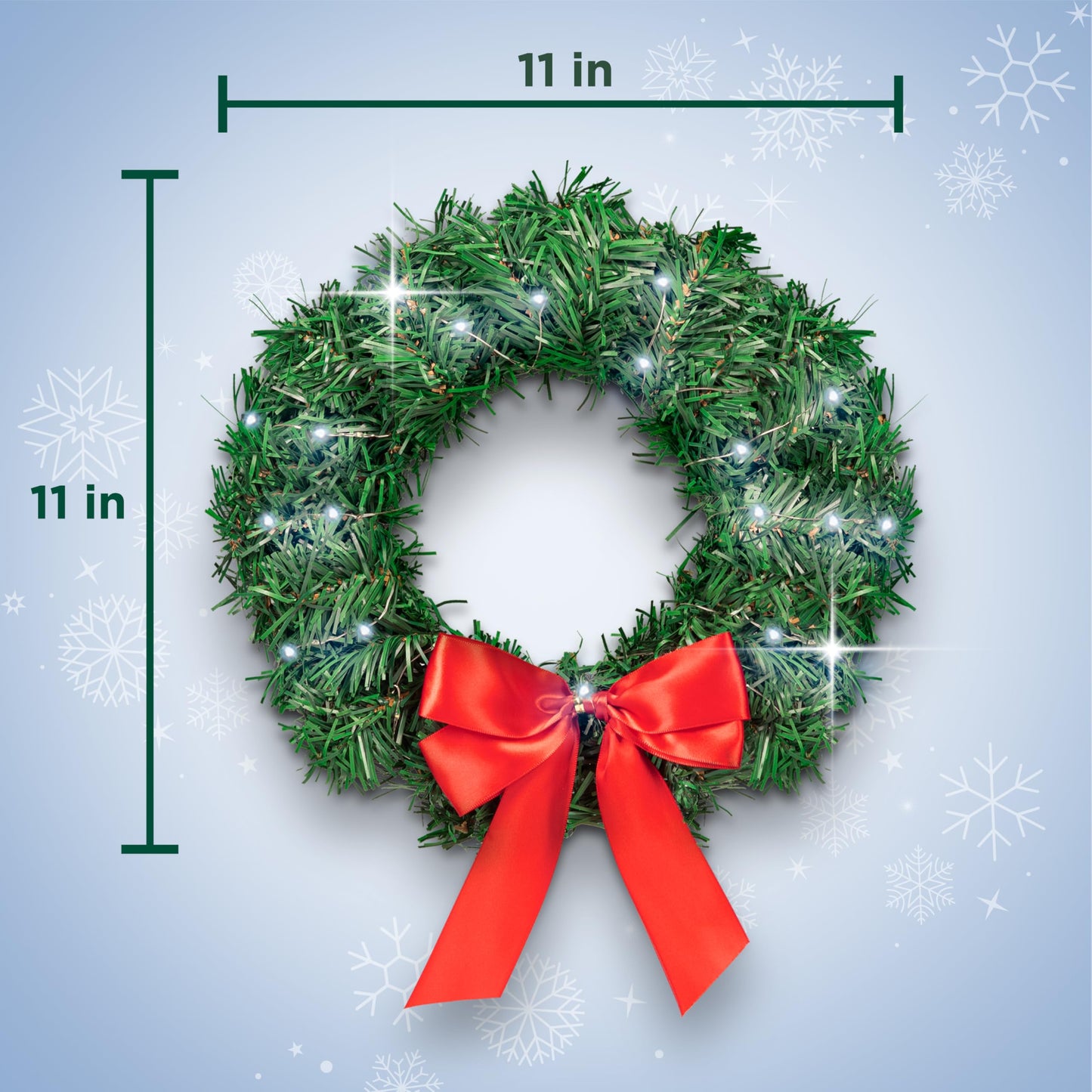 Carbella Christmas Wreath for Car Truck SUV Van, LED Light Up with Red Bow Decoration Ornament Mount Xmas Artificial Pine Water-Proof Winter Holiday Wreath Mounting Hardware Included (11" x 11")