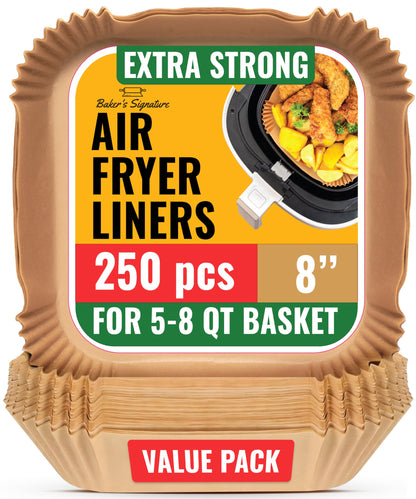 Air Fryer Paper Liners, 125Pcs Air Fryer Disposable Liners, Non-Stick and Oil Proof for Easy Cleanup, 8” Square for 5-8 qt Basket by Baker's Signature