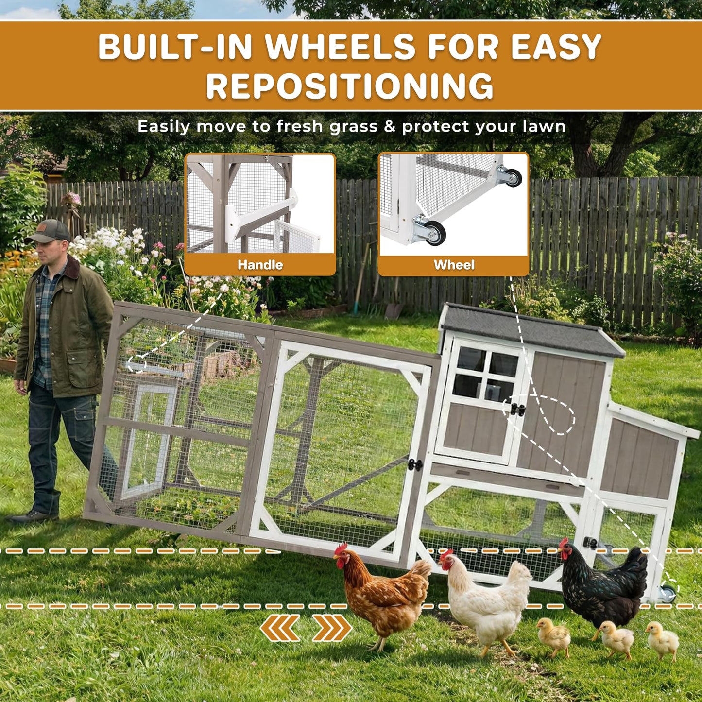 Large Outdoor Chicken Coop with Run & Wheels, 95.3" Wooden Hen House for 3–6 Chickens, 3-Compartment Nesting Box (2 Dividers), Pull-Out Tray, UV-Resistant Roof, Predator-Resistant Wire Mesh