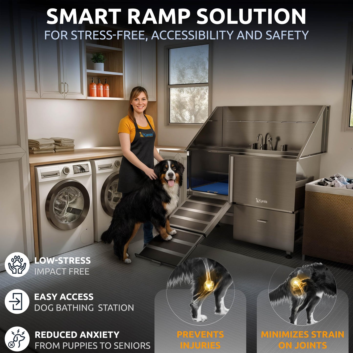 KANIS Professional Dog Washing Station 304 Stainless Steel Pet Wash Sink & Grooming Bathtub w/Shower, Floor Grates and Storage for Large, Medium & Small Pets (Silver, 50 Inches, Left Ramp, 1 Drawer)