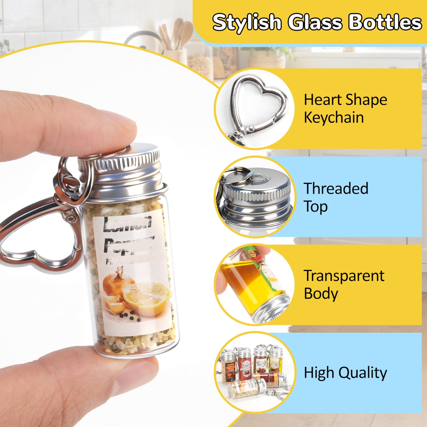 FANTOVO Mini Seasoning Keychain Bottle Set, 6 Pcs Empty Spice Jar with Mini Funnels & DIY Stickers of 30 Styles, On-the-Go Airtight Keychain Holders for Travel, Outdoors, Lunchboxes, Camping, 6+2+4 Total.