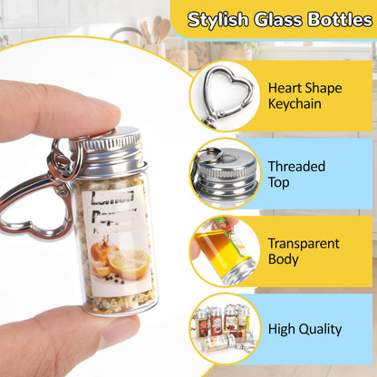 FANTOVO Mini Seasoning Keychain Bottle Set, 6 Pcs Empty Spice Jar with Mini Funnels & DIY Stickers of 30 Styles, On-the-Go Airtight Keychain Holders for Travel, Outdoors, Lunchboxes, Camping, 6+2+4 Total.