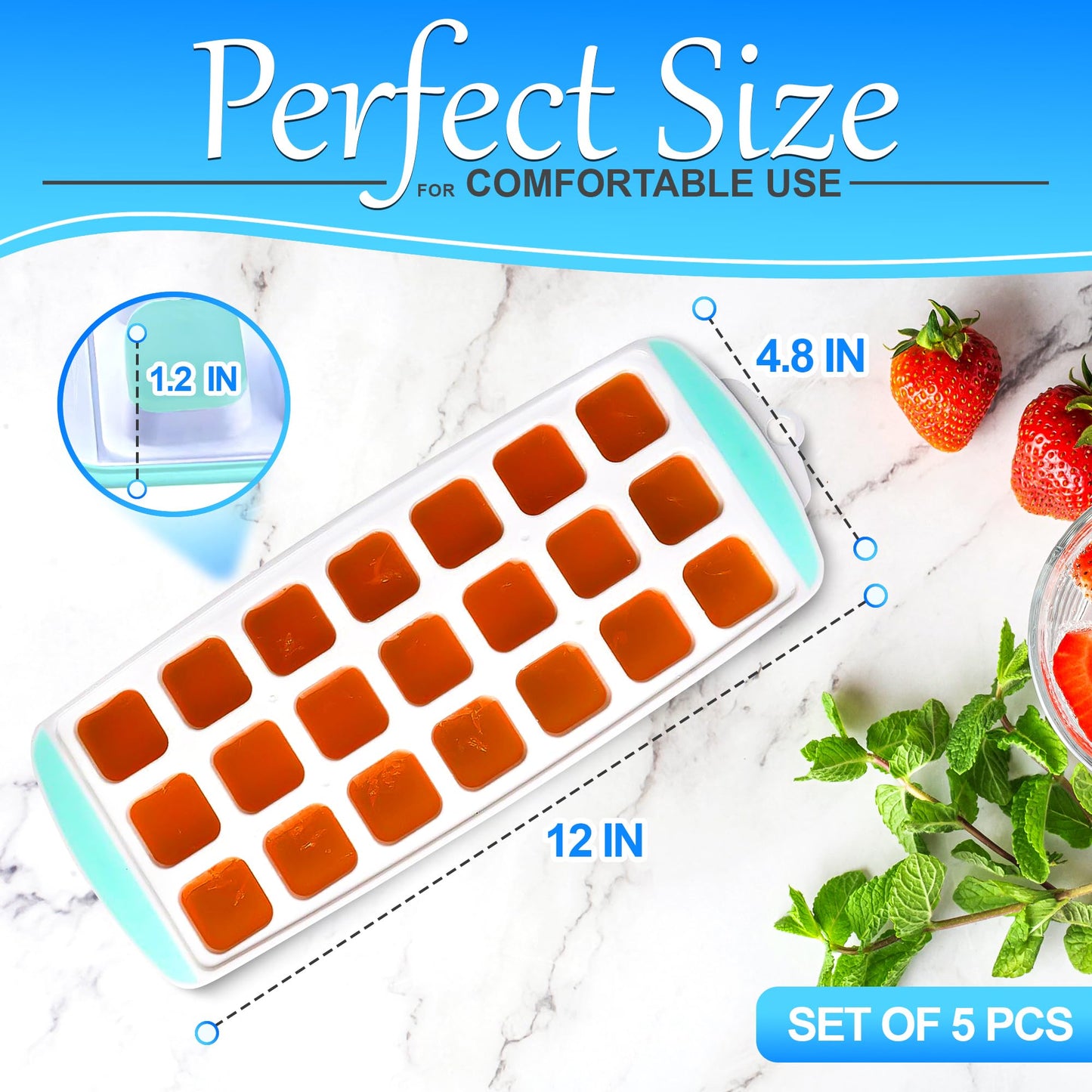 5 Pc Silicone Ice Cube Trays for Freezer with Lid - 12x4.8" (105 Cubes Total, 21 per Mold) Silicone Ice Trays for Freezer Durable & Flexible Molds, Easy to Use & Clean, Good for Home & Commercial Use