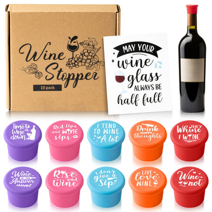 GROBRO7 10Pcs Wine Stoppers Set Funny Live Love Wine Pattern Silicone Bottle Covers Gift for Women, Reusable Beverage Corks Strong Sealing Liquor Accessories for Outdoor Picnic Barbecues Party Bars