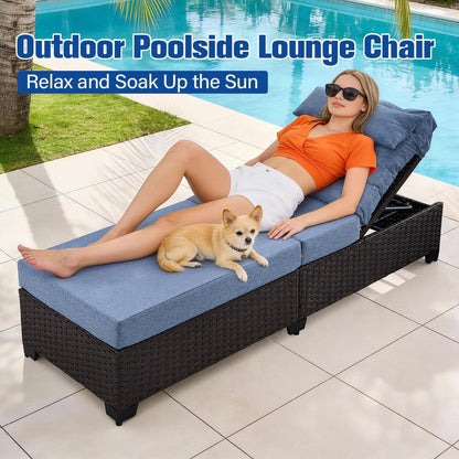 Ligescel Outdoor Chaise Lounge Chair, Patio Rattan Adjustable Recliner with 5-Inch Thick Cushion, Heavy Duty Metal Lounger for Pool Beach Yard (Blue)