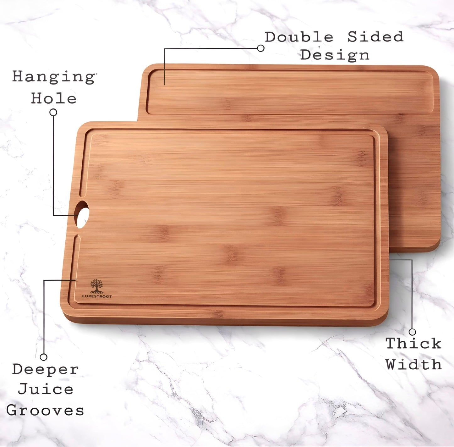Forestroot Bamboo Cutting Board Set – Durable 3-Piece Carbonized Brown Bamboo Boards with Deep Juice Grooves & Hanging Holes, Eco-Friendly Wooden Cutting Boards for Meat, Vegetables & Fruits