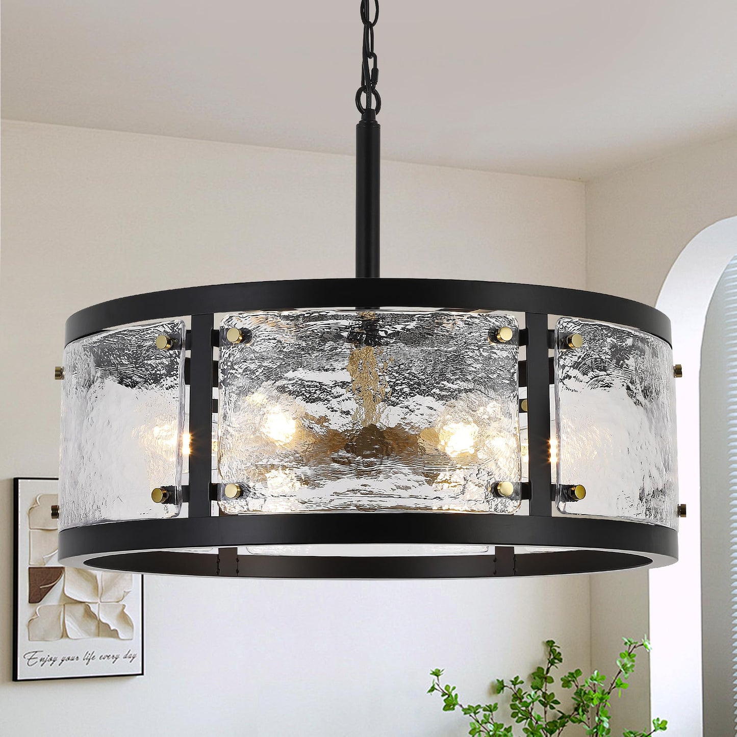 CNRATYE 23.6" Large Farmhouse Drum Black Chandelier, 6-Light Vintage Round Glass Chandeliers for Dining Room, Industrial Light Fixture for Kitchen Living Room Stairwell, Clear Waterglass Drum Shade