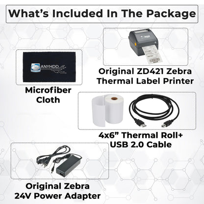 Zebra ZD421 (ZD4A042-D01M00EZ) USB/Bluetooth - Zebra GK420d Replacement, Direct Thermal Label Printer 203 dpi with 4x6 Thermal Roll + Power Adapter + USB 2.0 Cable + Microfiber Cloth Included