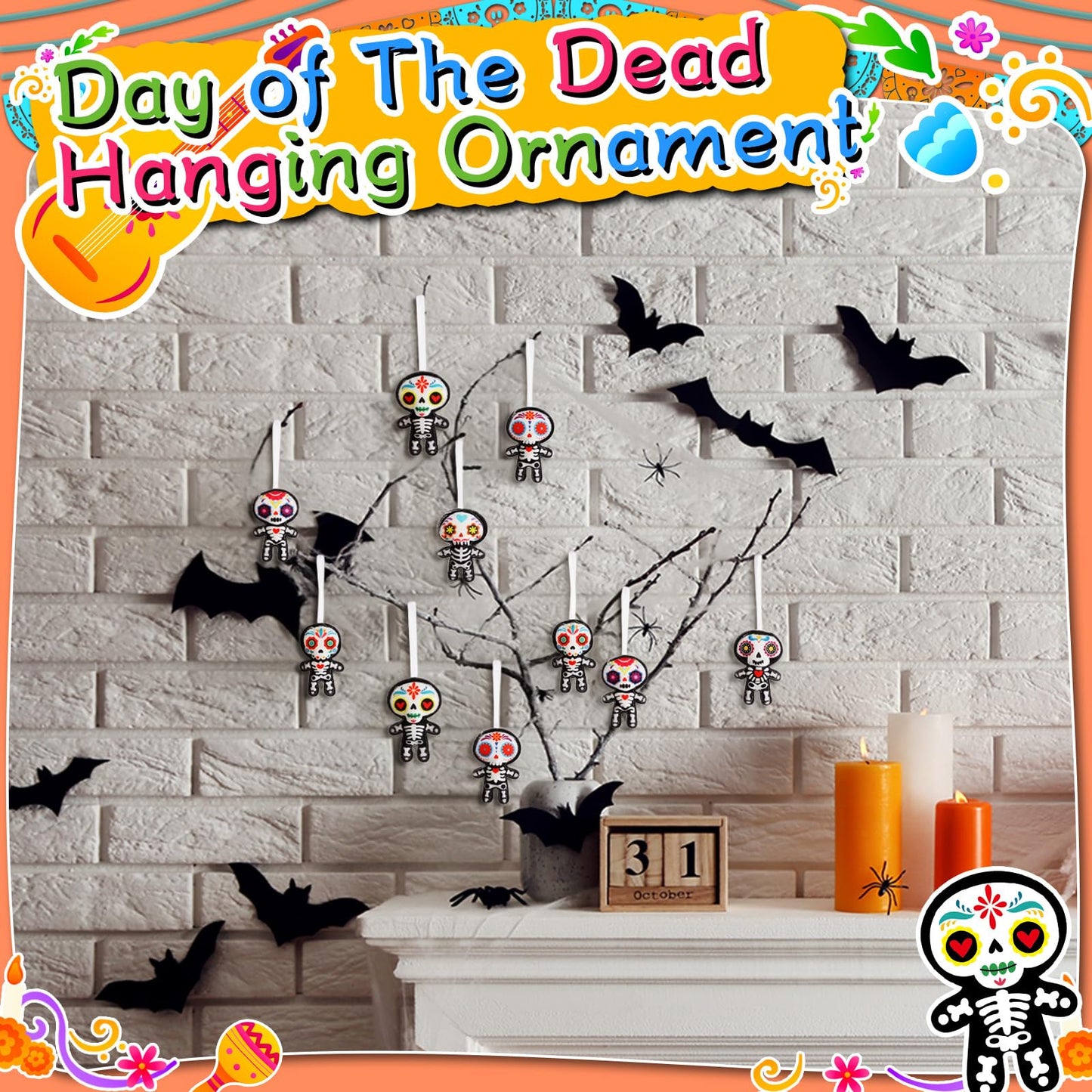 Remagr 24 Pcs Dia De Los Muertos Felt Ornaments, Mexcian Skeleton Halloween Ornaments for Day of The Dead Themed Party School Bags Indoor Outdoor Tree Hanging Decorations (Skull)