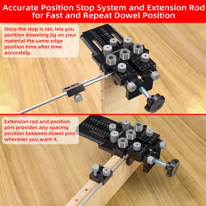 GOINGMAKE Dowel Jig Kit with Quick Positive Stop and Clamp, Adjustable Doweling Jig for Drill 1/4, 3/8 and 1/2 Inch Accurate Straight Dowel Holes, Fit Any Thickness Wood Joints, for Cabinet, Furniture