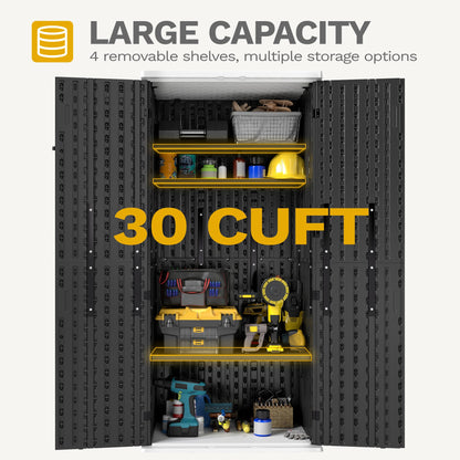 DWVO Outdoor Vertical Storage Cabinet with 4 Shelves, Waterproof Tall Plastic Storage Shed with 4 Adjustable Shelf, 30 cu. ft. Patio Tools Storage Box for Patio, Garden, Backyard, Deck, Dark Gray