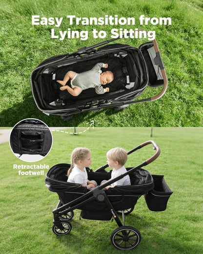 Freetex Wagon Stroller for 2 Kids, Double Seat, All-Terrain with Removable UV-Protection Canopy, Adjustable Push/Pull Handle, Cup Holders & Snack Tray for Baby and Toddler