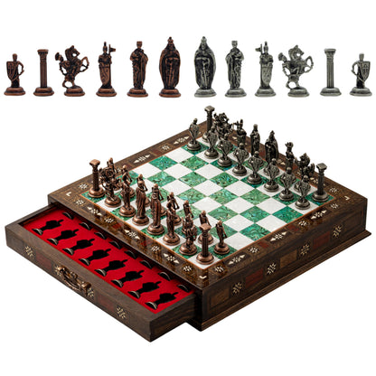 15'' Wooden Chess Set with Metal Chess Pieces – Handmade Storage Chess Board & British Metal Pieces – Elegant Chess Gift for All Ages – Gift for Him (Green)