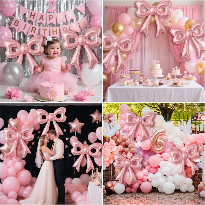 Pink Happy Birthday Balloons, 31”Huge Pink Bow Aluminum Foil Balloons for Girl Woman Birthday, Princess, Coquette Party Decorations Supplies