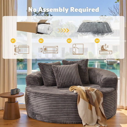58” Oversized Upholstered Sofa Bed, Round Chaise Lounge Chair Indoor, Fluffy Plush Chaise Lounge, Modern Chenille Cloud Couch with Deep Seat, Comfy Bean Bag Chiar for Living Room Apartment