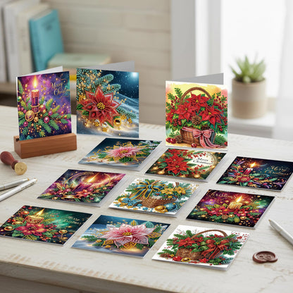 C'eitura 12 Pack Poinsettia Diamond Art Greeting Cards with Envelopes - 5D DIY Diamond Painting Card Kit for Christmas, Birthday, Mother's Day - Handmade All Occasion Stationery Gifts for Adults Beginner