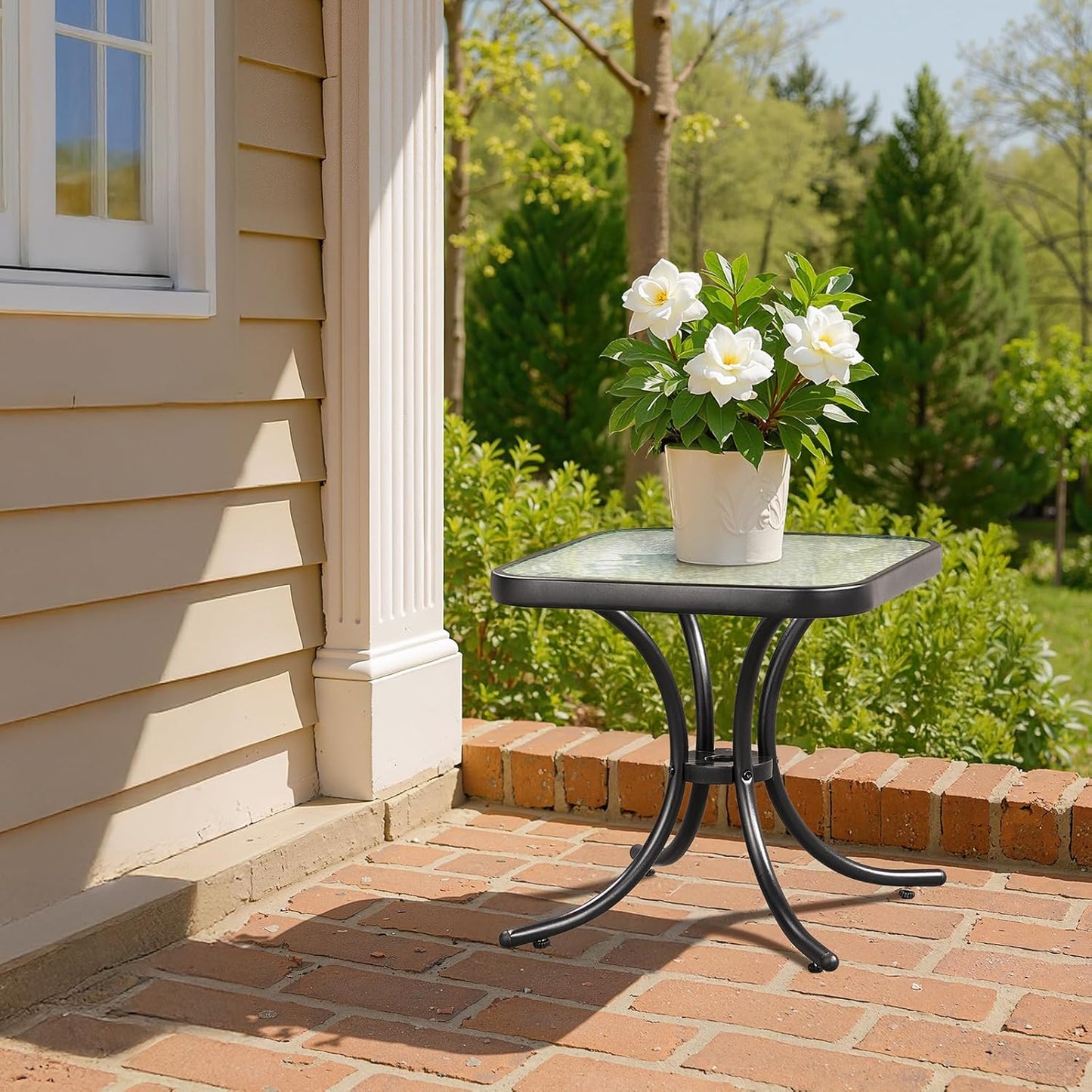 18" VINGLI Outdoor Side Table, Patio Table Steel Frame Tempered Glass Top, Weatherproof Small Tables for Balcony Garden